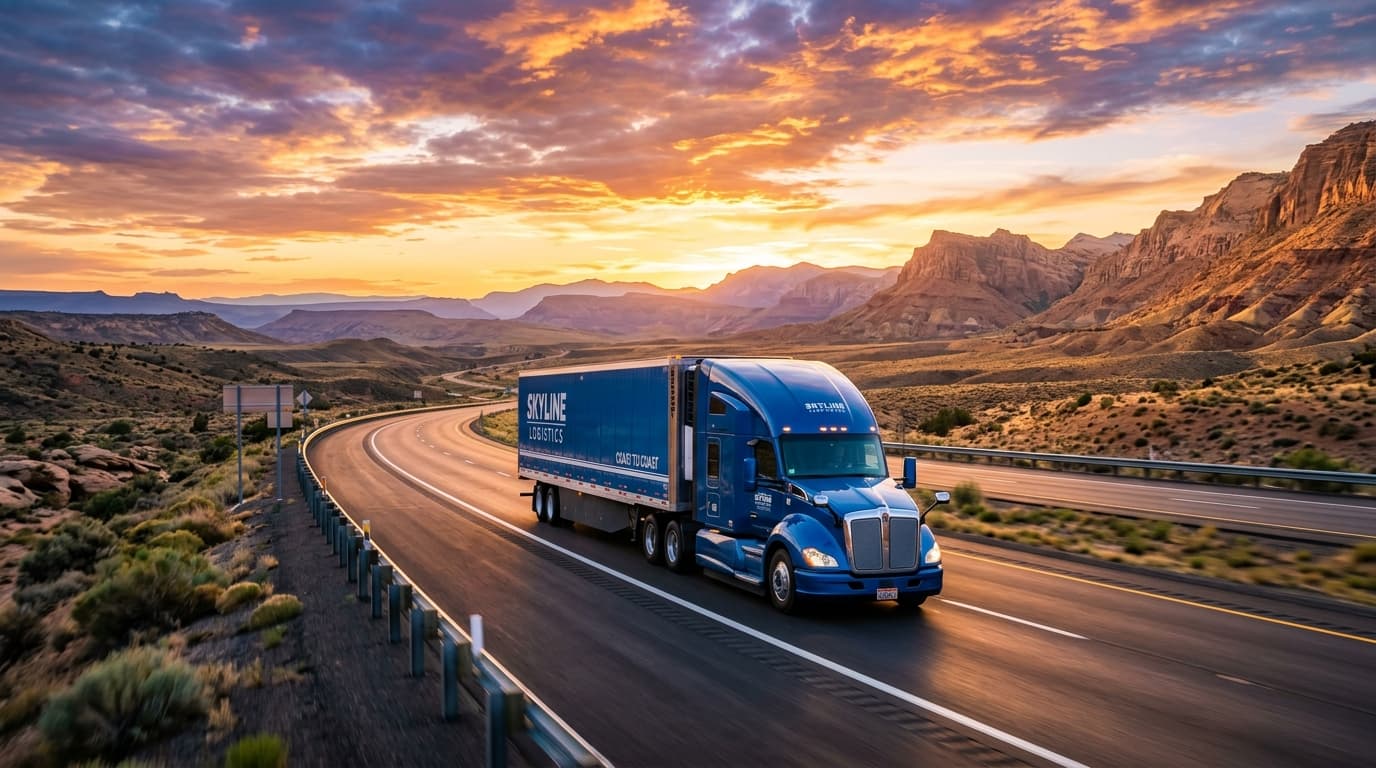 Blue commercial semi-truck traveling on scenic open highway at sunset
