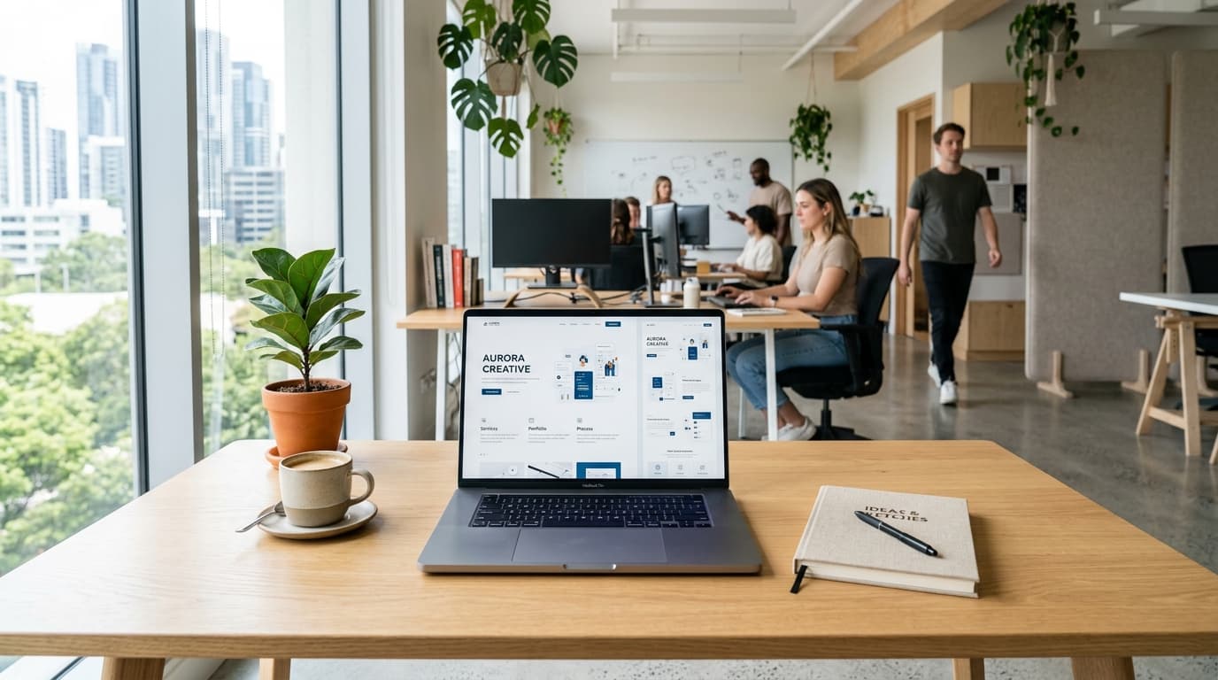 Bright modern creative studio in soft daylight with MacBook displaying sleek responsive website design layout