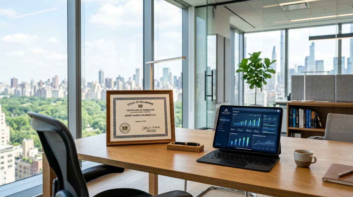 Professional executive desk with official LLC certificate of formation and corporate documents in bright daylight