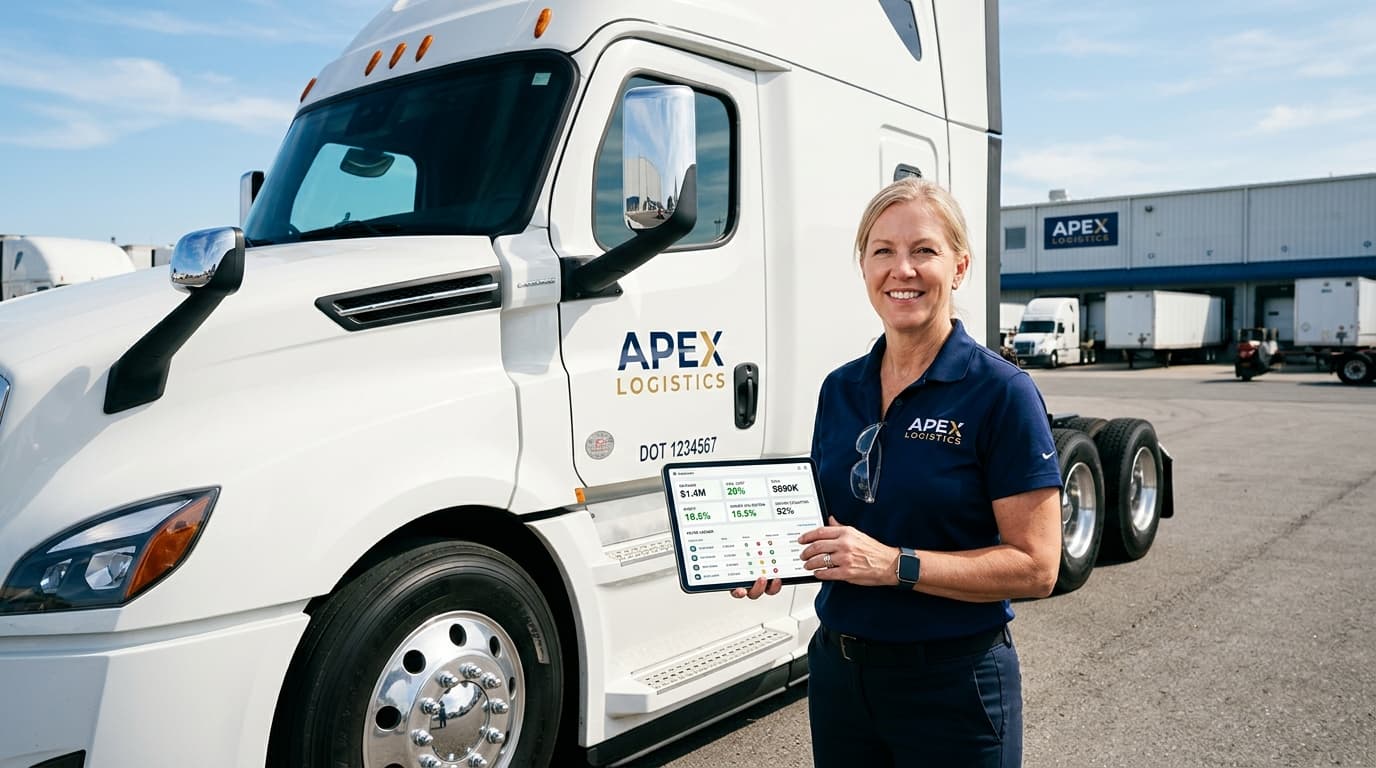 Professional trucking fleet owner holding tablet with financial metrics beside commercial semi-truck in natural daylight