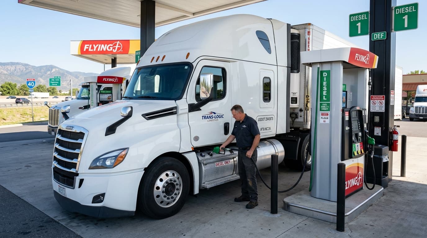 Commercial semi-truck refueling at clean interstate travel plaza diesel pump island in natural daylight