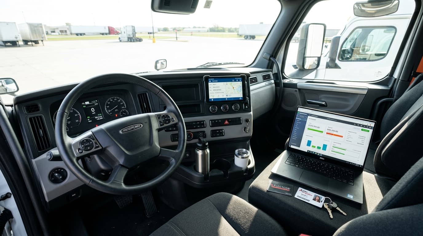 Modern semi-truck cab cockpit with ELD telematics tablet on dashboard, fuel card and QuickBooks laptop on seat in natural daylight