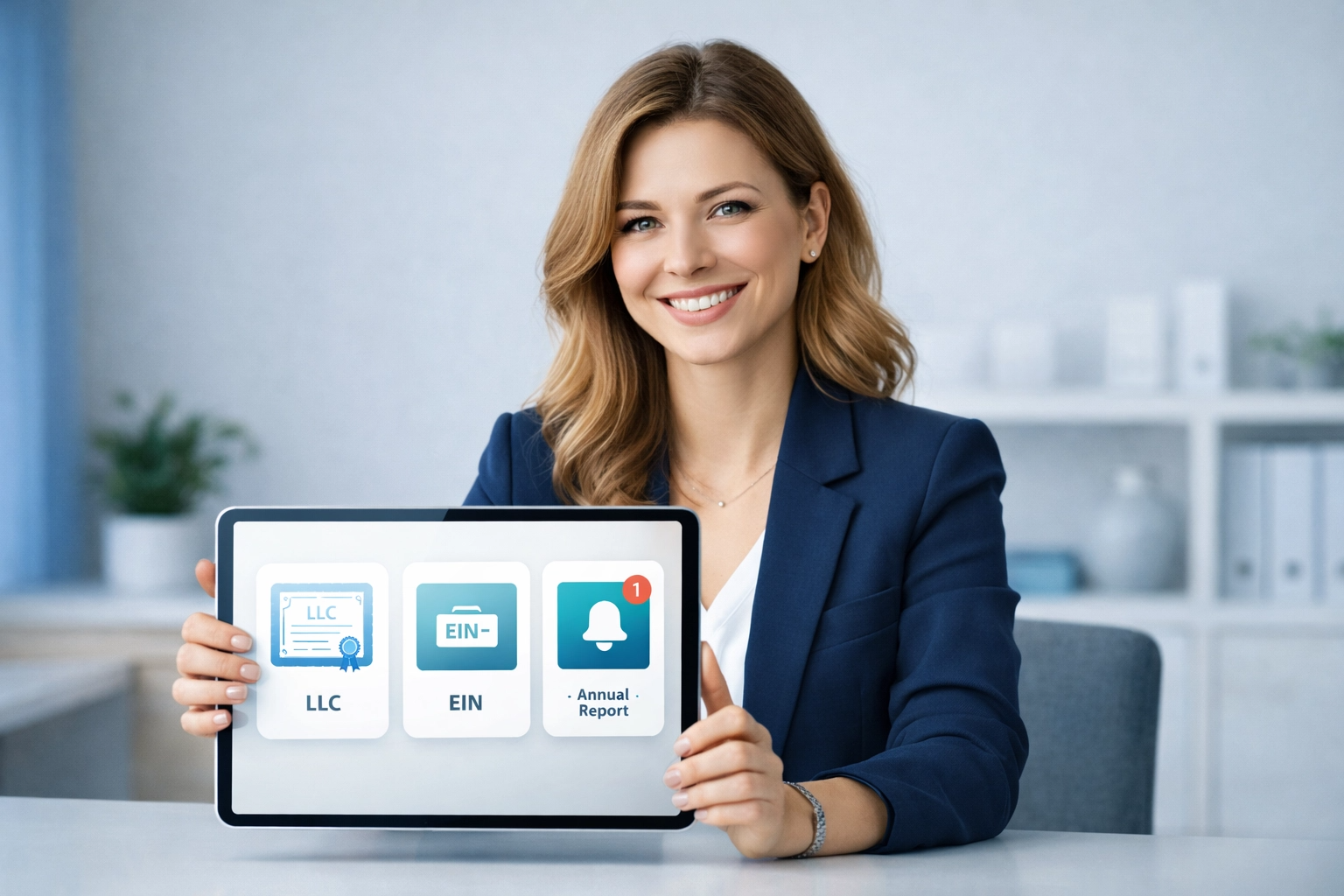 Professional business consultant from Stratefile showcasing LLC formation services with tablet displaying business compliance features